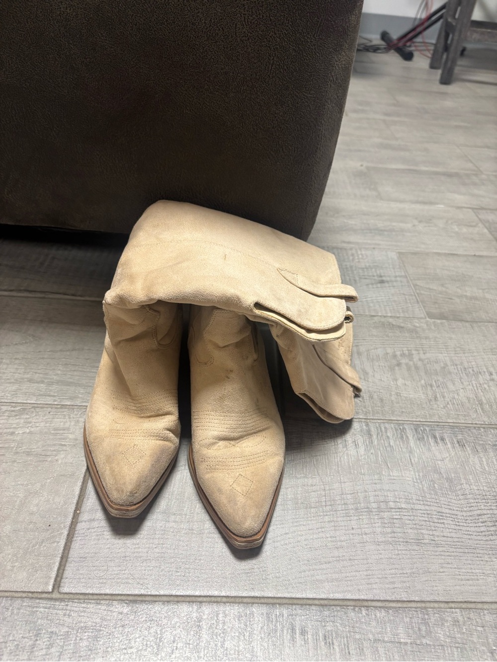 Women's Beige Suede Knee-High Heeled Boots